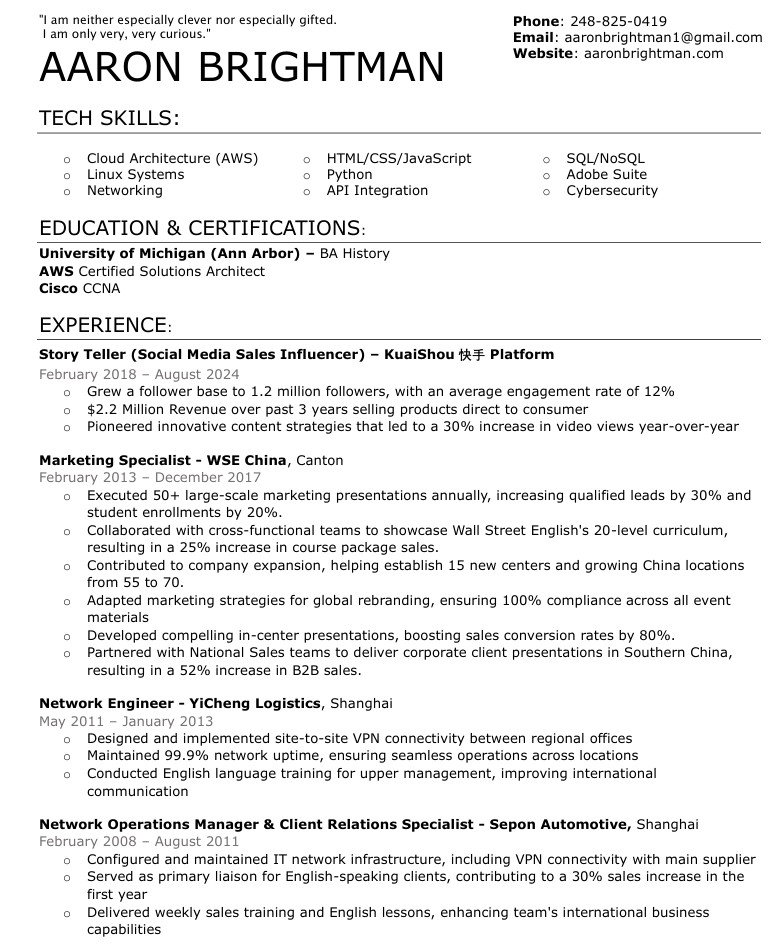 Aaron Brightman's CV